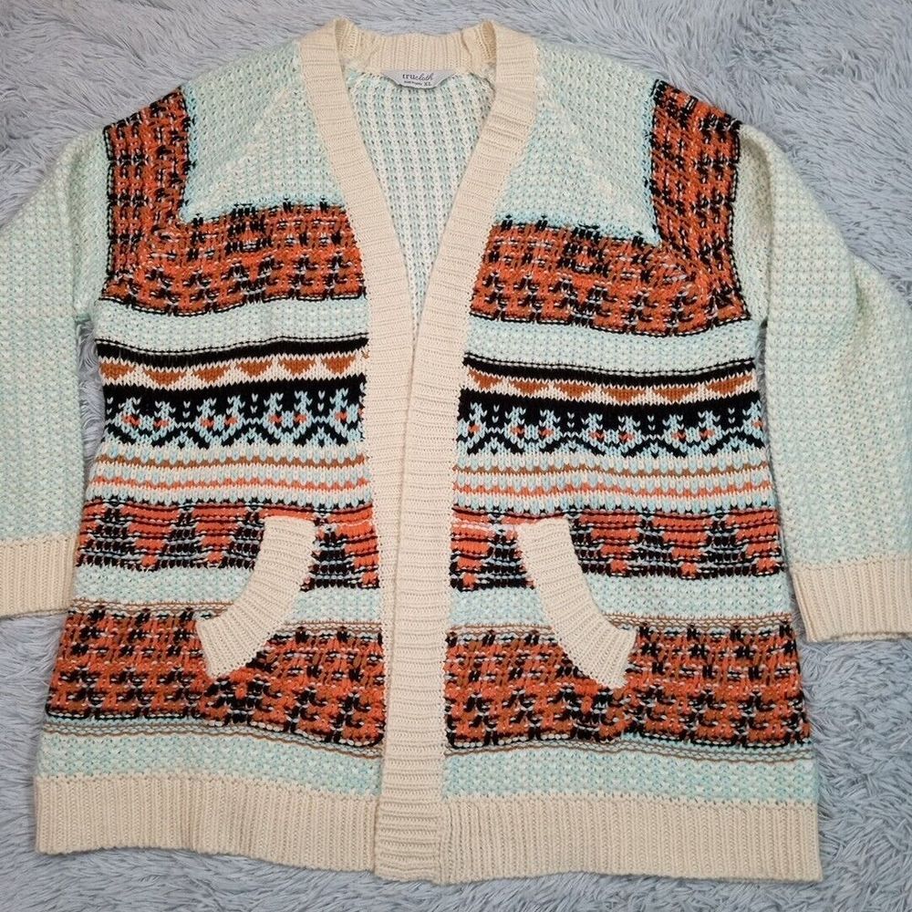 Tru Cloth Sweater Womens XL Cardigan Open Front Aztec Cottage Core Soft‎ Comfort